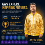 Promotional AWS poster featuring Jatin Goel in a shiny gold jacket with 'AWS Expert. Inspiring Futures.' headline and trainer badges.